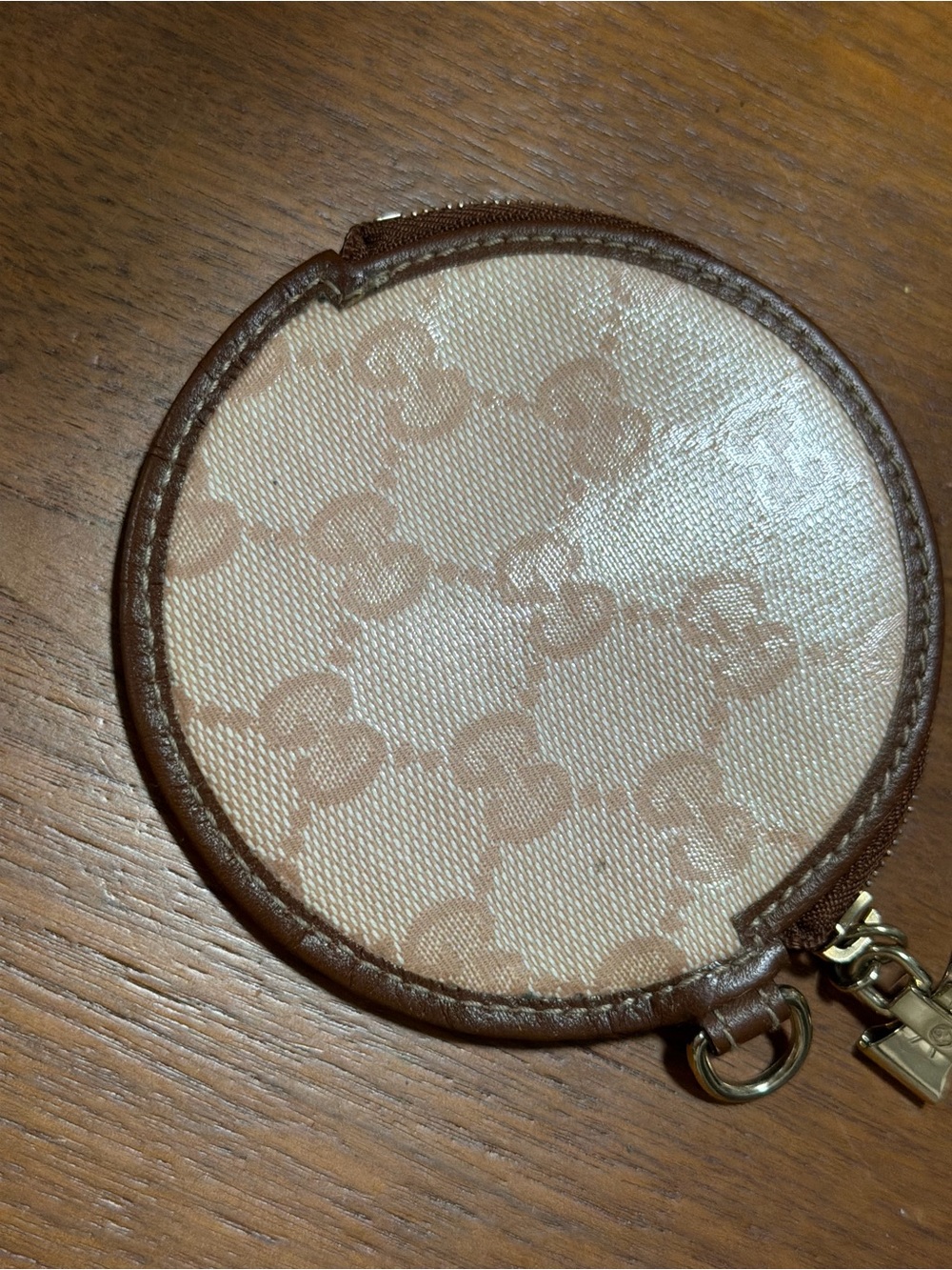 Gucci Beige and Brown Round GG Coin Pouch with Gold-Tone Hardware
